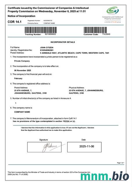 Republika Południowej Afryki certyfikat inkorporacji Word i PDF szablon